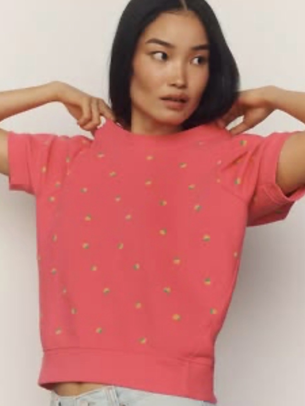 Maeve Coral Short-Sleeve Sweatshirt with Gold Dot Embroidery